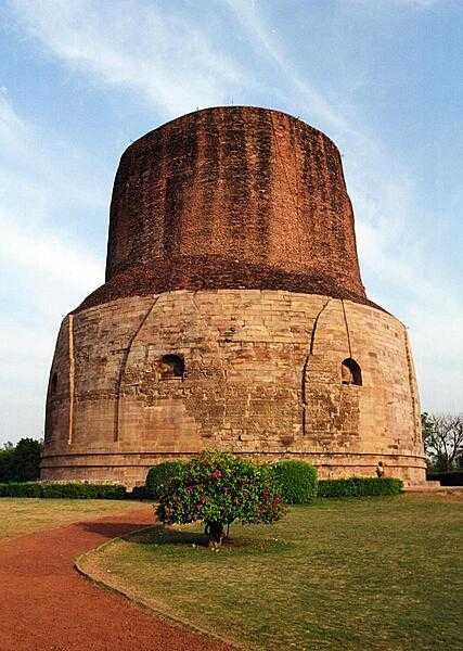 This mound-like structure called the Dhamek Stupa is 143 feet high and 92 feet wide. Located in Sarnath, in the state of Uttar Pradesh, it is believed to be the location of Buddha&apos;s first sermon to his five disciples after attaining enlightenment.