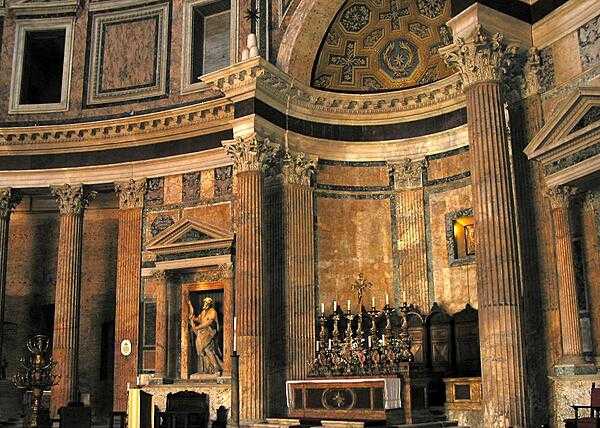 The main altar of the Pantheon in Rome. Originally constructed in 27 B.C., the Pantheon was rebuilt by the Emperor Hadrian in A.D. 126; it became a Roman Catholic church in the 7th century. The tombs of Raphael, two Italian kings, and various other notables are located in the Pantheon. It is considered one of the best preserved of all Roman buildings. Its dome, 43.3 m (142 ft) wide and constructed of unreinforced concrete, sets it apart from other structures of the time.