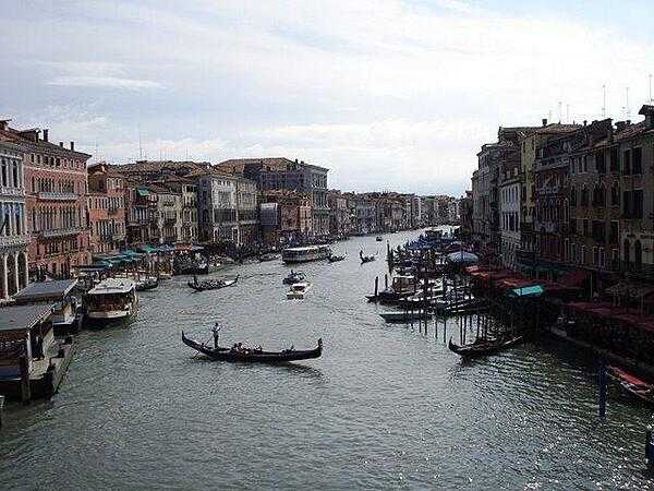 The Grand Canal, one of the major water-traffic corridors in Venice, as seen from the Rialto Bridge.