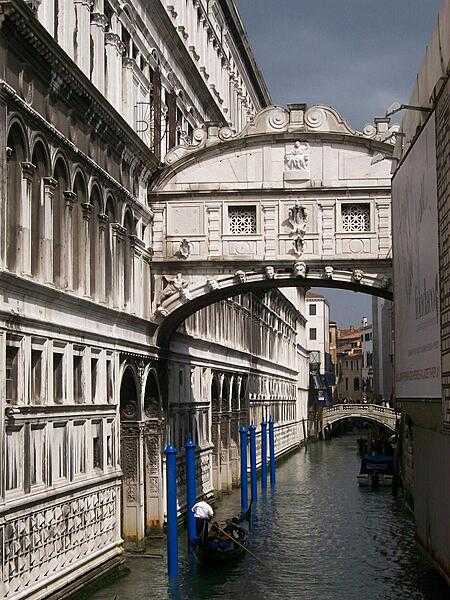 The Bridge of Sighs over one of many canals in Venice was built in 1602 and connects the old prisons with the interrogation rooms in the Doge&apos;s Palace. The name was applied by Lord Byron.