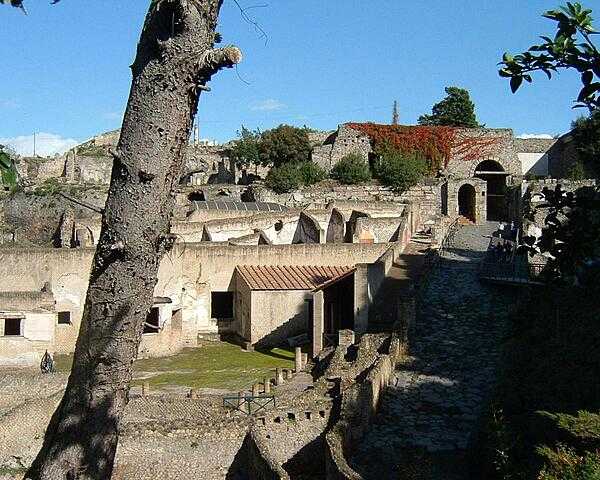 A view of some of the ruins at Pompeii, buried in the eruption of Mt. Vesuvius in A.D. 79 and not rediscovered until the 18th century.