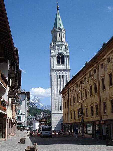The Church of Sts. Philip and James in Cortina was completed in 1775; its tower was built between 1851 and 1858.