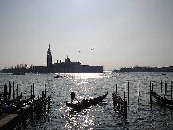 A view of San Giorgio Maggiore Island in Venice showing the Benedictine monastery established in 982 and the church of San Giorgio Maggiore (St. George the Great) designed by Palladio, which was begun in 1566 and completed in 1610.