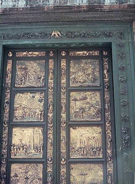 The east doors of the Battistero di San Giovanni (Baptistery of Saint John) in Florence, referred to as &quot;The Gates of Paradise.&quot; The gilded bronze doors took the artist, Lorenzo Ghiberti, 27 years to complete.