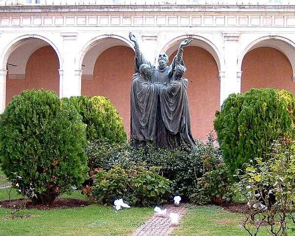 Statue of St. Benedict at the Abbey of Monte Cassino, about 130 km (80 mi) southeast of Rome. Benedict established his first monastery here in about 529; it became the source for the Benedictine Order.