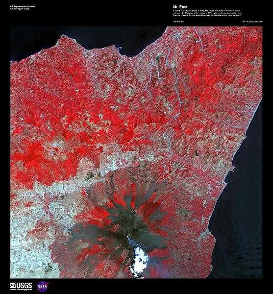 Located on the Italian island of Sicily, Mt. Etna is one of the world&apos;s most active volcanoes. In this false-color satellite image of the volcano in 2001, a plume of steam and smoke rising from the crater drifts over some of the many dark lava flows that cover its slopes. Due to summit eruptions, Mt. Etna&apos;s elevation of 3,329 m (10,922 ft) is 21 m (69 ft) lower than it was in 1981. Because of its recent activity and proximity to nearby population centers, it has been designated as a Decade Volcano by the International Association of Volcanology and Chemistry of the Earth&apos;s Interior. For other active volcanoes in Italy, see the Natural hazards-volcanism subfield in the Geography section. Image courtesy of USGS.