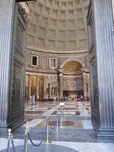 Interior of the Pantheon in Rome. The dome was one of the most important Roman architectural achievements. It is the largest masonry vault built is a perfect semi sphere (the diameter is equal to the interior height - 43.3 m (142 ft)).  Light is provided by an oculus, a 9 m (29.5 ft) opening in the dome.
