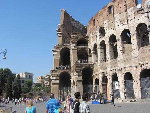 The Colosseum in Rome showing the exterior arches that once surrounded the building. Most of the arches and much of the building were dismantled in the Middle Ages by citizens of Rome who used the stone to construct other buildings.