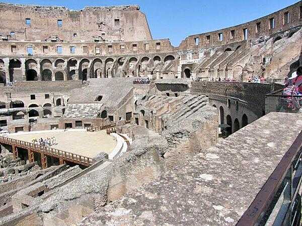 The Roman Colosseum&apos;s arena was a wooden floor covered with sand, underlain with rooms and passageways for performers, sets, and animals. Spectator seating was divided into three sections: ordinary people sat in the upper level, the better off in the middle sections, and the elite in the lower level.