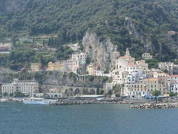 View of homes and hotels on the rugged western coast of Italy in the city of Amalfi.