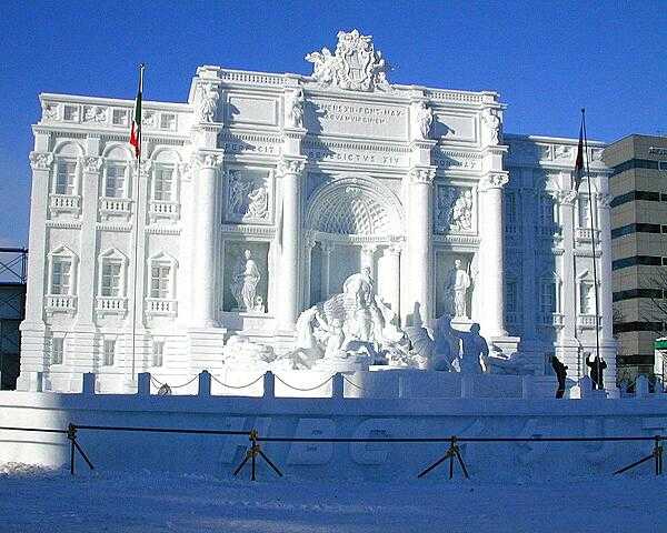 An ice sculpture at the Sapporo Snow Festival reproduces the Trevi Fountain in Rome.