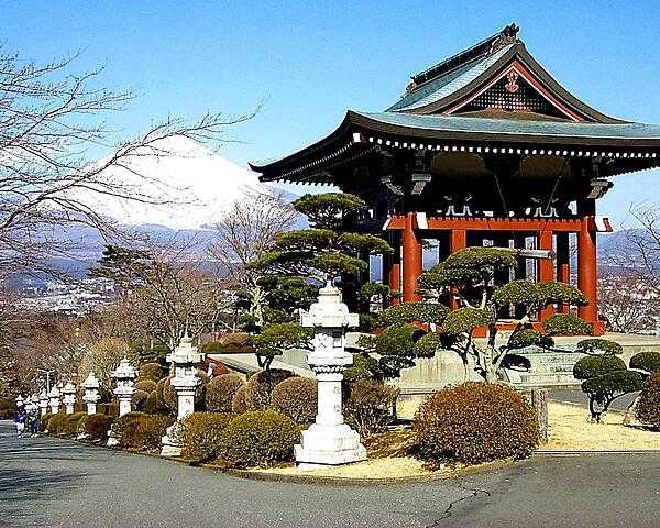 The temple gable mimics the shape of Mt. Fuji in the background.