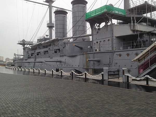 Starboard side view of the Mikasa pre-dreadnought battleship berthed at Mikasa Park in Yokosuka.