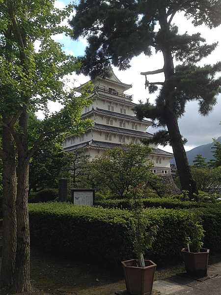 The distinctive, white, five-story Shimabara Castle keep in Shimabara, Hizen province (present day Nagasaki prefecture) dates to the 17th century.