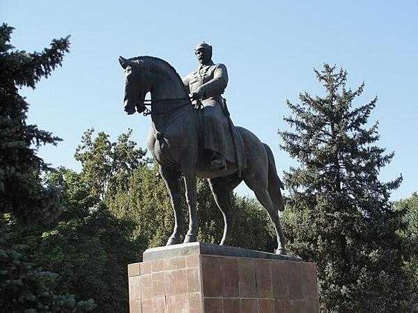 Statue of Mikhail Frunze, the Kyrgyz Soviet hero, in Bishkek. Frunze was the name of the capital city from 1926 to 1991.