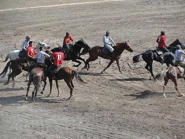 The national game of Kyrgyzstan, Ulak Tartush, is a version of polo played with a headless goat. Note that some of the riders wear old Soviet tank helmets for head protection.