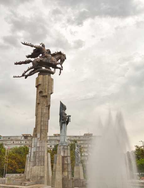 Bishkek, formerly Pishpek and Frunze, is the capital and largest city of Kyrgyzstan. The Manas Sculptural Complex, completed in 1981, is located in the heart of the city. The main statue depicts a legendary hero, Manas, on a magical horse who slays an evil dragon. The Manas poem is the classic centerpiece of Kyrgyz literature, and parts of the epic are often recited at Kyrgyz festivities.