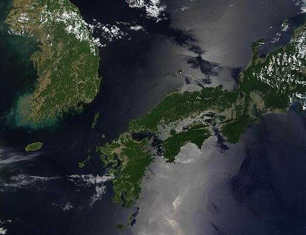 Satellite image shows North and South Korea (upper left) as well as the Japanese island of Shikoku, nestled between Kyushu to the southwest and Honshu to the north. Photo courtesy of NASA.
