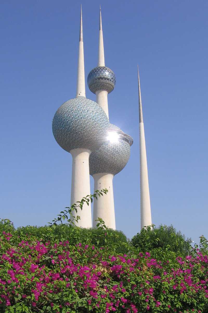 The three spires of the Kuwait Towers serve as an architectural icon of Kuwait. The main tower houses restaurants, reception halls, viewing platforms, and a water tank; the second tower is a water tower, and the third tower holds the equipment that illuminates the other two towers. Iraqi forces unsuccessfully tried to destroy the towers during the 1990 invasion.