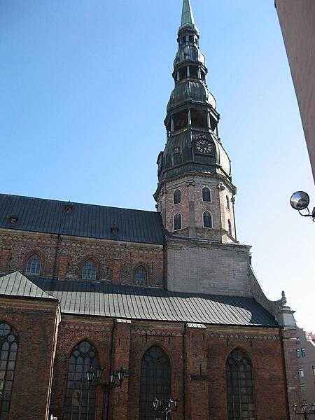 Saint Peter&apos;s Church in Riga was built in 1209 and enlarged in the 15th century. Its current tower was completed in 1746 and restored in 1973 when an elevator was installed. People can now view Riga from a height of about 72 m (236 ft).