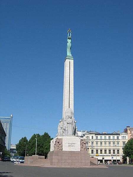 The Riga Freedom Statue is in a plaza in the center of Riga near the old town. It honors the soldiers killed in the Latvian War for Independence (1918-20). The monument, built in the early 1930&apos;s and unveiled in 1935, is 42 m (138 ft) high and is constructed of granite, travertine, and copper. At the top of the column is a copper figure of Liberty; the sculptures and bas-reliefs at the base depict Latvian culture and history. A Guard of Honor is present at all times.