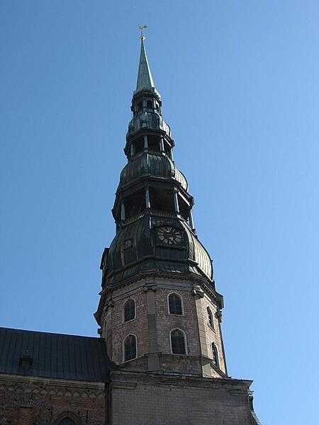 A closer view of the Saint Peter&apos;s Church steeple in Riga.