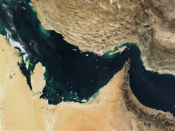 The Gulf of Oman (right) and Persian Gulf (left) were once the site of a rift, a place where two plates pull apart from each other, and the Indian Ocean filled in the widening gap between the two plates; however, the process then reversed, and about 20 million years ago, the gulf began to close up. The peninsula on the left extending into the Persian Gulf is Qatar; most of the area between it and the other larger, pointed peninsula makes up the United Arab Emirates. Image courtesy of NASA.