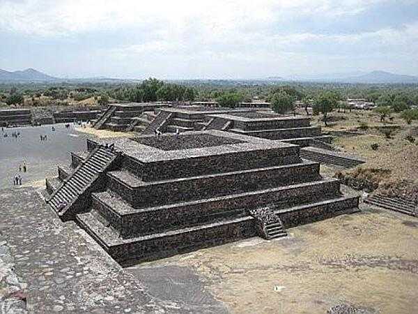 One of the smaller step pyramids at the massive archaeological site of Teotihuacan (approximately 40 km or 25 mi northeast of Mexico City).