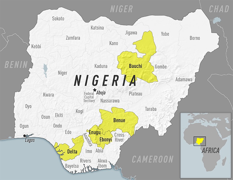 note 1: The Nigeria Centre for Disease Control (NCDC) is reporting yellow fever outbreaks in multiple states (Bauchi, Benue, Delta, Ebonyi, and Enugu). Unless vaccinated, travelers should not visit these areas. Yellow fever is caused by a virus transmitted through bites of infected mosquitoes. Travelers to Nigeria should take steps to prevent yellow fever by getting vaccinated at least 10 days before travel and taking steps to prevent mosquito bites. Map courtesy of CDC.
