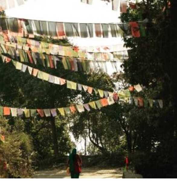 A Tibetan prayer flag is a colorful rectangular cloth, often found strung along streets and trails in the Himalayan mountains and its surroundings. Traditionally, prayer flags come in sets of five colors representing sky, wind, fire, water, and earth.  According to traditional Tibetan medicine, health and harmony are produced through the balance of the five natural elements.