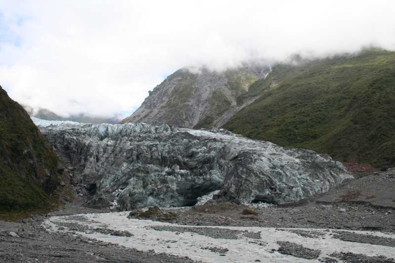 On the west coast of the South Island, the currently receding Franz Joseph Glacier has a large ice tunnel carrying out the water melting from the glacial flow.