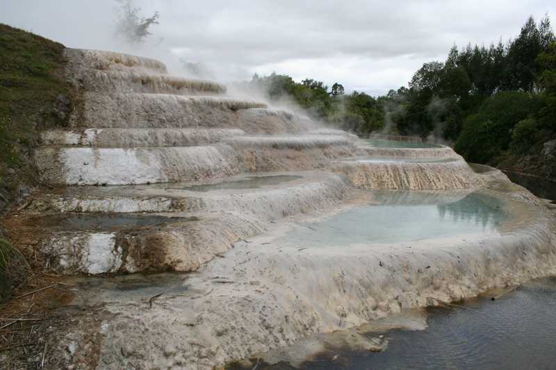 New Zealand's North Island is home to some of the most active thermal features on the planet. Hot springs like the ones in Wairaki Terraces are found across much of the central plains of the North Island.