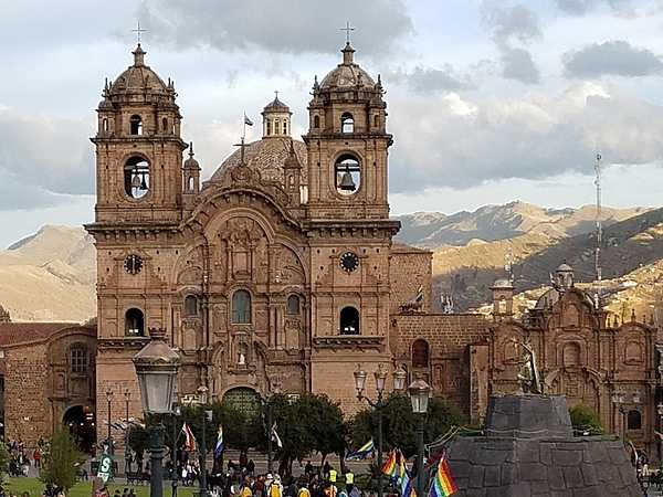 The Iglesia de la Compania de Jesus (Church of the Society of Jesus) on the Plaza de Armas (Parade Square) in Cusco. The historic Jesuit church is built on the site of an Inca palace and is one of the best examples of Spanish Baroque architecture in Peru. Its construction began in 1576, but the structure was badly damaged in an earthquake in 1650. Rebuilding of the church was completed in 1668.