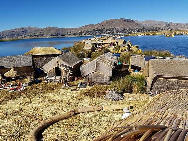 Small community on a floating island on Lake Titicaca.