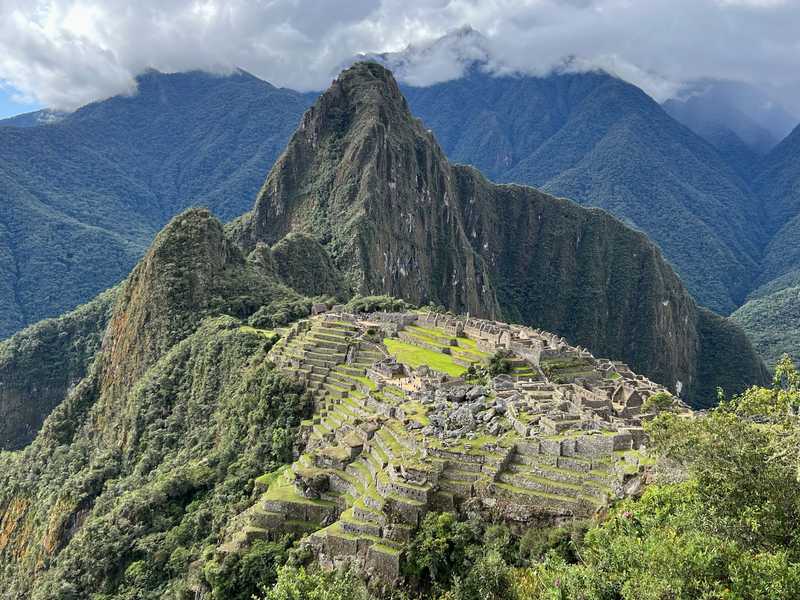 The sprawling site of Machu Picchu viewed from a somewhat different angle. Shown are the site's extensive terraces, which were not only used for agriculture but also prevented soil erosion.