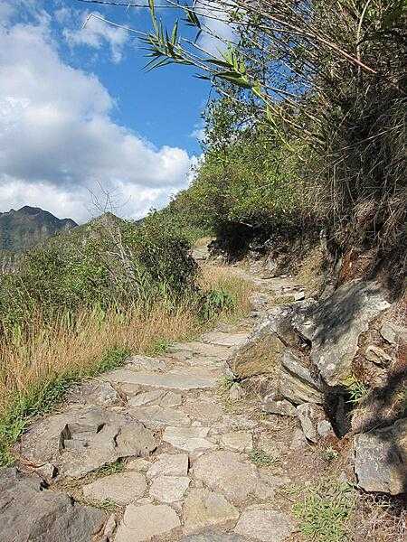 The Inca Trail is typically narrow with a steep incline on one side and steep decline on the other side.