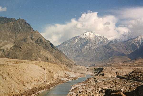 The Indus River as it flows through the mountainous region of Gilgit-Baltistan in Pakistan.