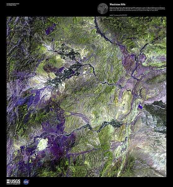 Deep purple and green hues in this false-color satellite image enhance the Waziristan Hills, a mountainous region of northwest Pakistan near the Afghanistan border. A formidable landscape, the Waziristan Hills are a hodgepodge of steep, rugged hills split by narrow passes and deep gorges. Rivers coursing down from the mountains provide water for agriculture in a region of scanty rainfall. Image courtesy of USGS.
