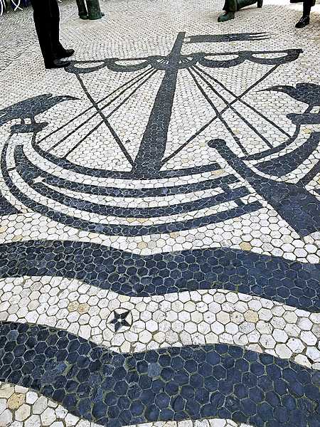 Decorative tiles commemorating Portuguese explorers and navigators in Lisbon.