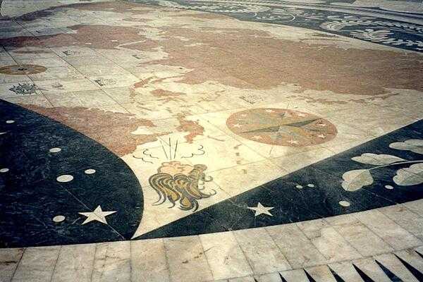 A mosaic at the base of the Monument to the Discoveries in Lisbon shows a world map with routes of the various Portuguese explorers.