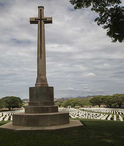 A view of the Cross of Sacrifice at the Bomana War Cemetery near Port Moresby. The cemetery is the final resting place of more than 3,800 Allied service members - Australian and Papuan - who successfully fought to prevent the Japanese Empire from taking Papua New Guinea in World War II. Photo courtesy of the US Marine Corps/ Cpl. William Hester.