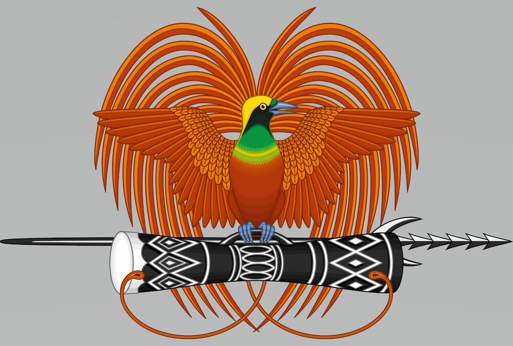 Papua New Guinea’s coat of arms was adopted on July 1, 1971, and features the country’s national symbol, the Raggiana bird-of-paradise. The bird stands for the nation’s freedom and rich natural environment. The traditional spear under the bird represents the country’s ethnic groups and the protection of its heritage, and the Kundu drum, which is used in ceremonies, represents local artistic traditions and communication.