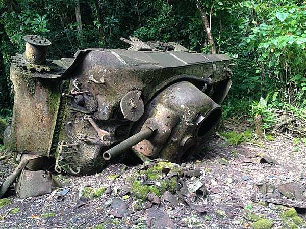 The rusting remains of a US tank on Peleliu.