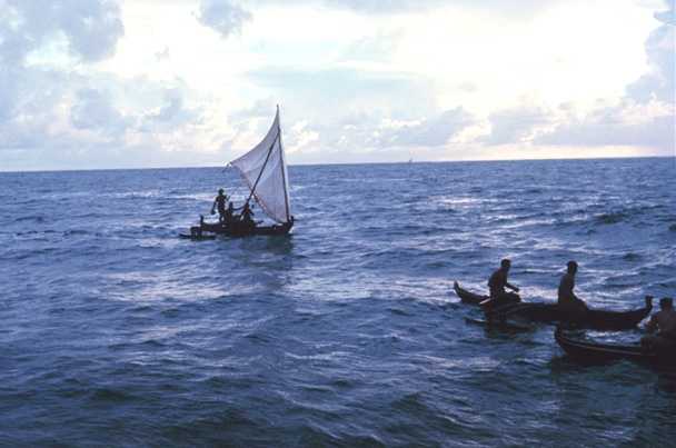 Palau Native Palauan fishermen at sea off the island of Tobi. Few Micronesians still use traditional sailing outrigger canoes today. Image courtesy of NOAA / James P. McVey.