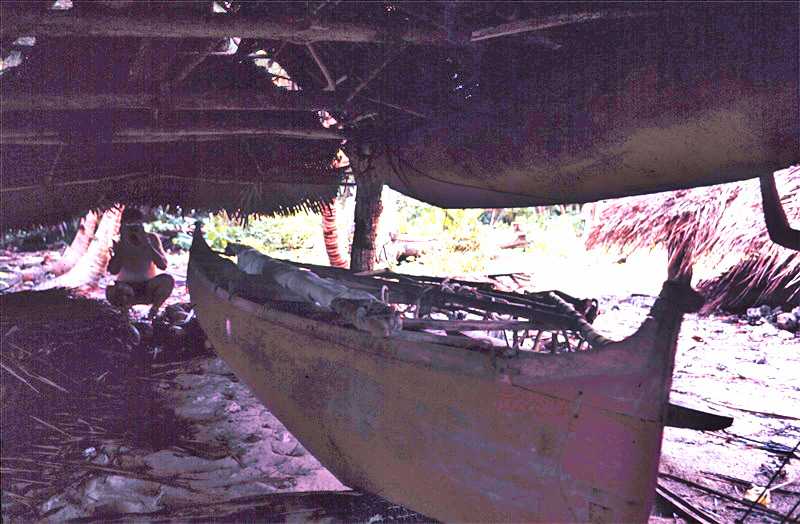 A native outrigger canoe stored in a protective boathouse on the island of Tobi. Image courtesy of NOAA / James P. McVey.