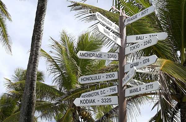 Signpost at the airfield on Kwajalein Island. Photo courtesy of the US Department of Defense.