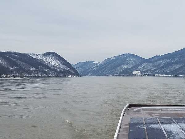 On the Danube River approaching the Iron Gates.