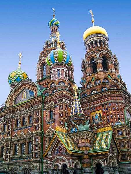 The Cathedral of the Resurrection of Christ in Saint Petersburg - also known as the Church of the Savior on Spilled Blood - was built on the site of the assassination of Alexander II. Its richly decorated fa&#xe7;ade and &quot;onion domes&quot; resemble those of the celebrated Saint Basil&apos;s Cathedral in Moscow.