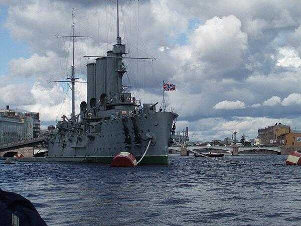 The Cruiser Aurora anchored in Saint Petersburg Harbor. It was a blank shot fired from this ship that signaled the assault on the Winter Palace and launched the October 1917 Revolution.