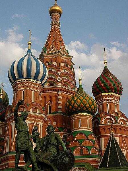 Close up of some of the colorful domes of Saint Basil&apos;s Cathedral in Moscow.